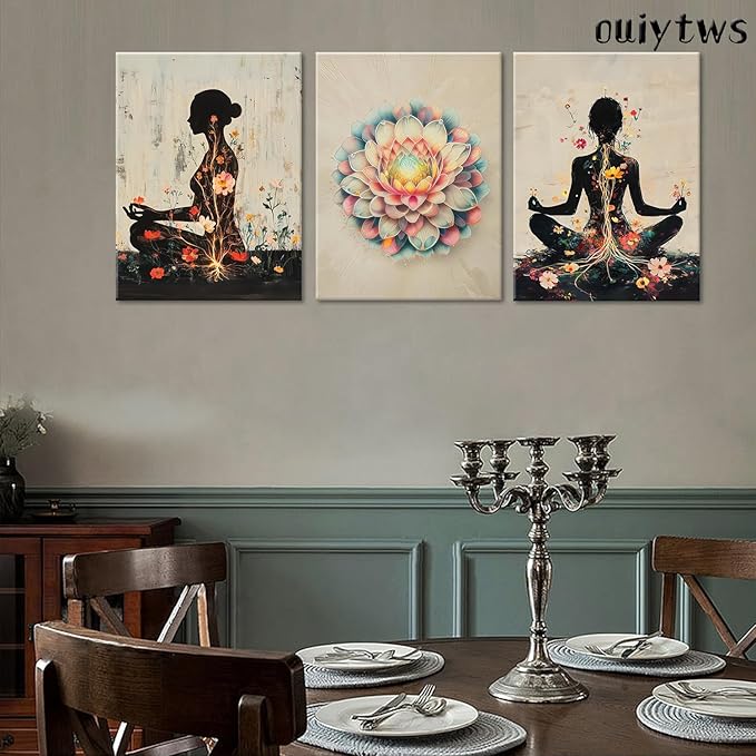 Yoga and Flower themed Meditation Wall Art Set of 3, Spiritual Meditation Women's Match with Flower and Lotus Patterns Canvas Poster Prints Painting,for Yoga Meditation Room,Bedroom,Framed 16X24in