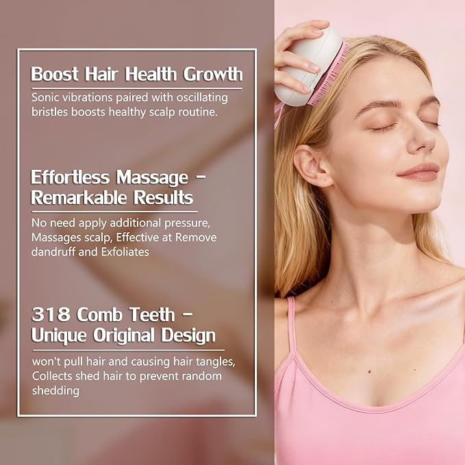 Scalp Massager Hair Growth - Electric Head Massager Brush - Unique Birthday Gifts for Women - Sonic Vibration Comb for Stimulating Follicles - Relax Scalp Stress for Mom - Pink