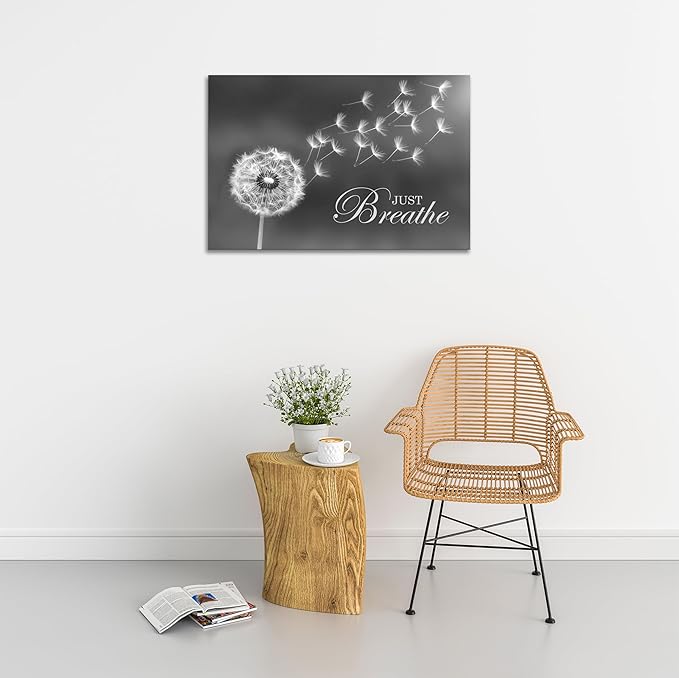 SKASNFAI Black and White Dandelion Zen Wall Art Canvas Just Breathe Motivation Positive Picture Art Print for Spa Yoga Meditation Wall Decor Ready to Hang (28L x 44W)