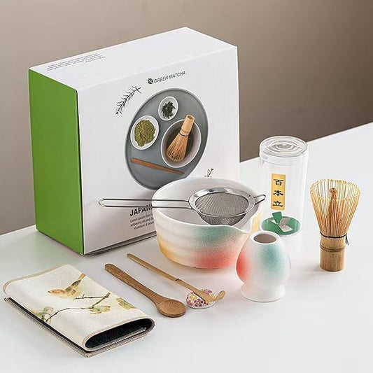 Ceramic Matcha Whisk Set, Complete Matcha Set-8PCS for Ceremonial Grade Matcha, Tea Gifts for Tea Lovers for Christmas, Birthday, Halloween (Rainbow Color)