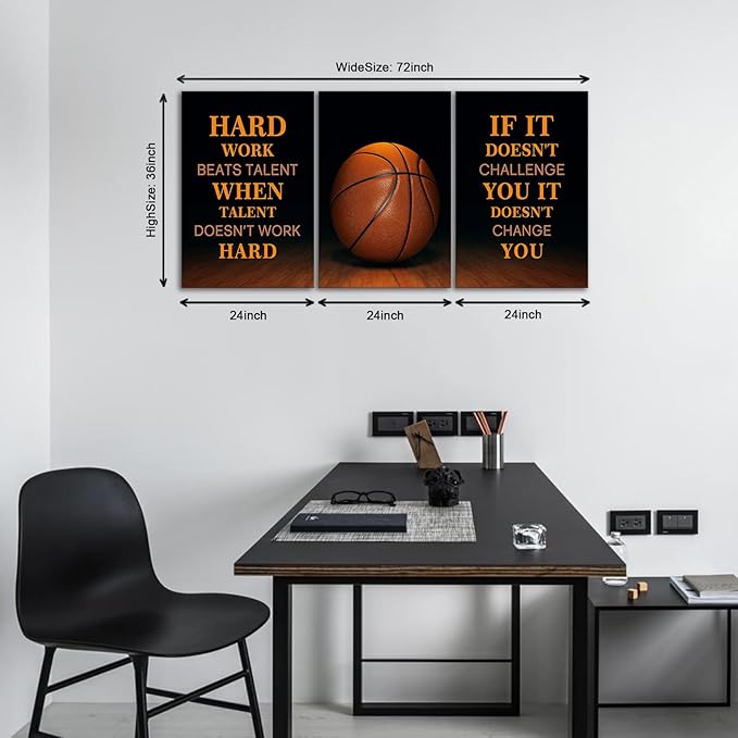 KAWAHONE-3 Pieces Basketball Motivational Work Hard Canvas Wall Art, Inspirational Quotes Pictures Wall Decor, Basketball Sports Poster Black and White Positive Poster Framed Motivation Gift for Entrepreneur Men Women Painting Artwork for Home Office