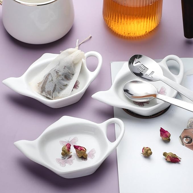 Coaster Set of 6 White Ceramic Tea Bag Holder and Stainless Steel Tea Bag Squeezer (style1)