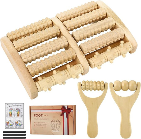 Aulock Double Foot Roller Massager Kit for Plantar Fasciitis Relief - 3 pcs Wooden Anti-Slip Feet Massager for Neuropathy Pain, Christmas Useful Gifts for Mom, Dad