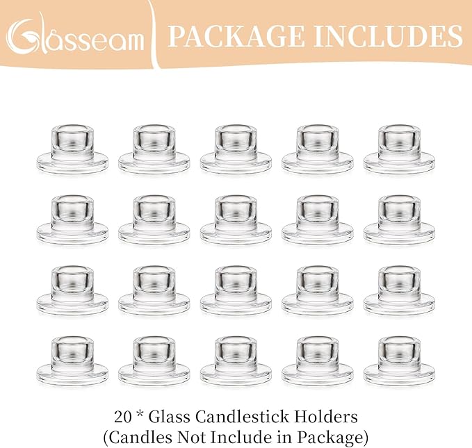 Glasseam Glass Tapered Candlestick Holders: 20Pcs Small Taper Candle Holders Bulk Short Candle Stick Candle Holder Clear Modern Candle Holder for Table Centerpiece Wedding Christmas Dining Party Decor