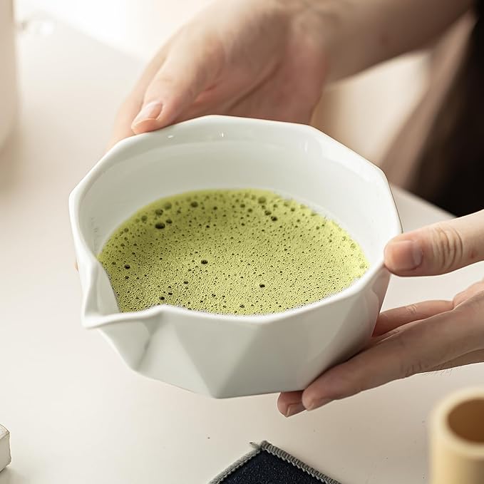TEPEAK Matcha Whisk Set, 7 Pcs Matcha Set white, Matcha Kit for Ceremony, Matcha Tea Set for Making Breakfast/Latte, Ceramic Matcha Bowl (Chawan) with Spout and Bamboo Whisk, Gift for Friend/Family