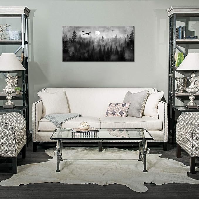 ZESTRILIA Forest Wall Art Black & White Moon Night Retro Canvas Prints Modern Rustic Paintings Nordic Artwork Landscape Picture for Country Farmhouse Living Room Bedroom Home Office Décor (23x46inch)