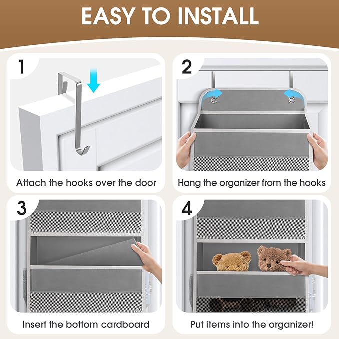 2 Pack Over The Door Organizer, Hanging Storage Organizer with Clear Window, 40lb Ultra Sturdy Large Capacity Room Organizer for Pantry Laundry Bathroom Nursery Closet (Grey)