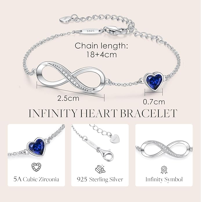 CDE Infinity Heart Birthstone Charm Link Bracelet for Women 925 Sterling Silver Adjustable Mother's Day Gift Anniversary Birthday Jewelry for Wife Girlfriend Her