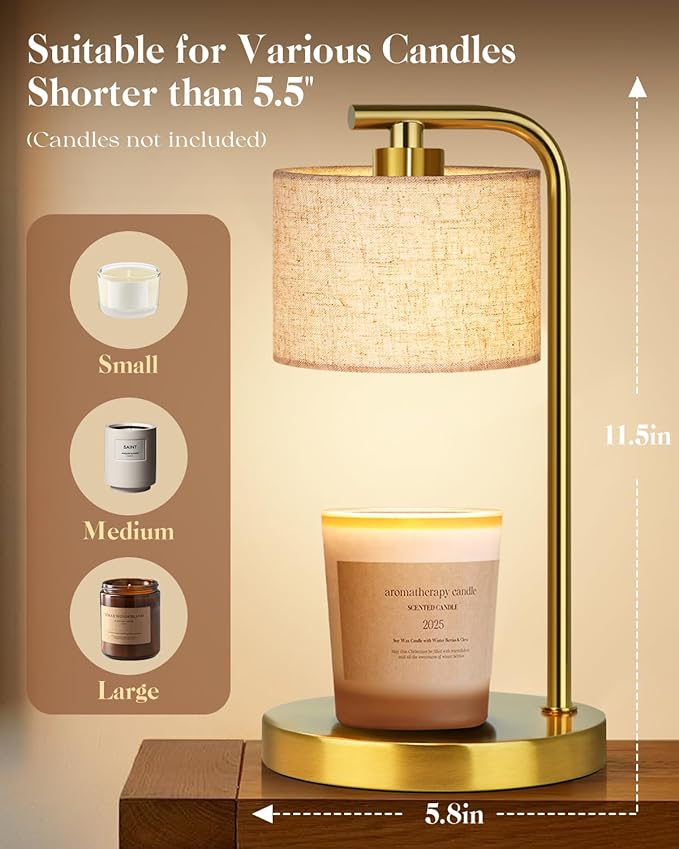 Candle Warmer Lamp with Timer Dimmer, Candle Lamp Warmer with Linen Shade - Birthday House Warming Gift for Women Mom Her - New Home Decor for Bedroom with 2 Bulbs (Gold)