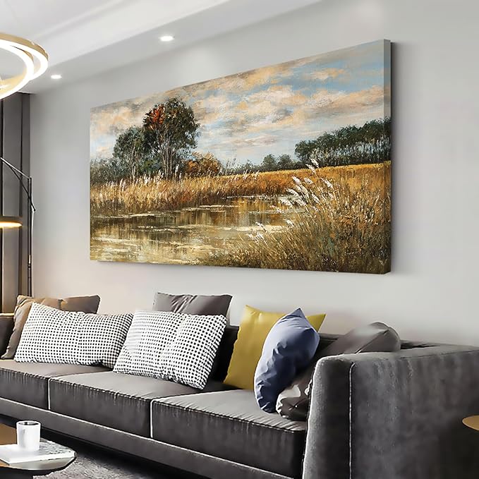 ZESTRILIA Wilderness Meadow Canvas Wall Art Wildflower Field Tree Oil Painting Reproduction Print Rustic Retro Vintage Artwork Landscape Picture for Country Farmhouse Living Room Bedroom (20x40inch)