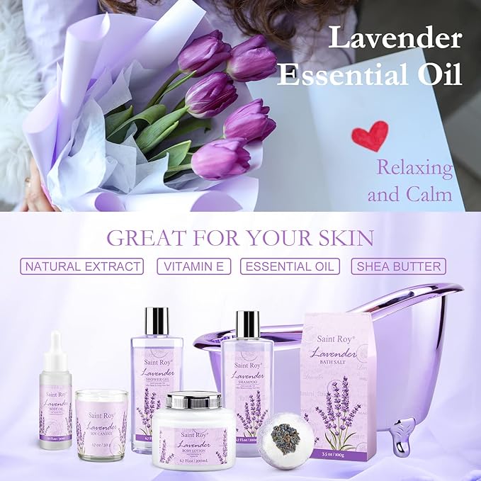 Lavender scented gifts for mom Spa Gift Baskets for Woman - spa baskets for women gift Lavender Gifts for Women, Bath Set, Christmas Gifts for Women, Home Spa Kit Gifts for Her, Mothers Day