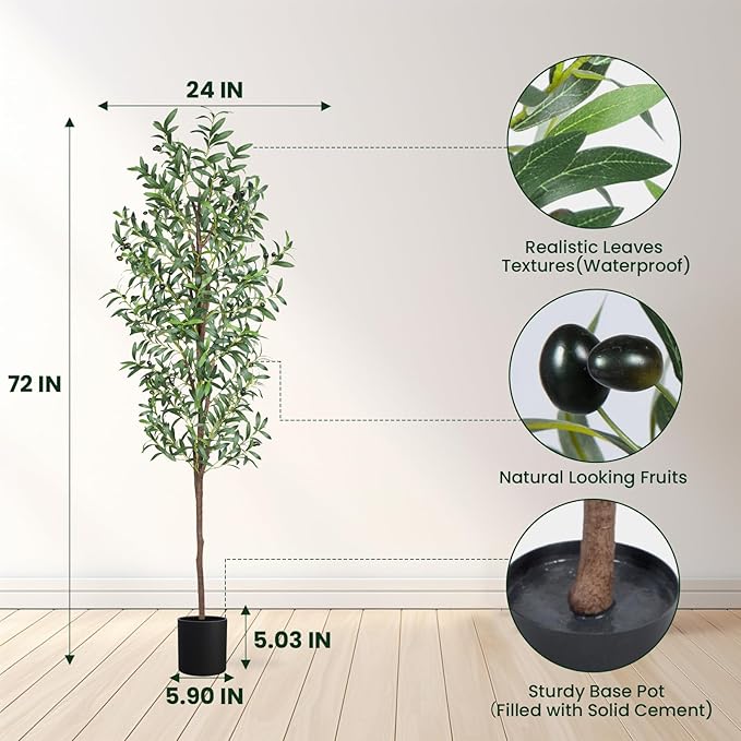 Artificial Olive Tree, 6FT Tall Faux Olive Trees 72in Outdoor Fake Potted Silk Plant with Trunk and Realistic 648 Leaves and 24 Fruits for Modern Office Home Decor Indoor（1pack）