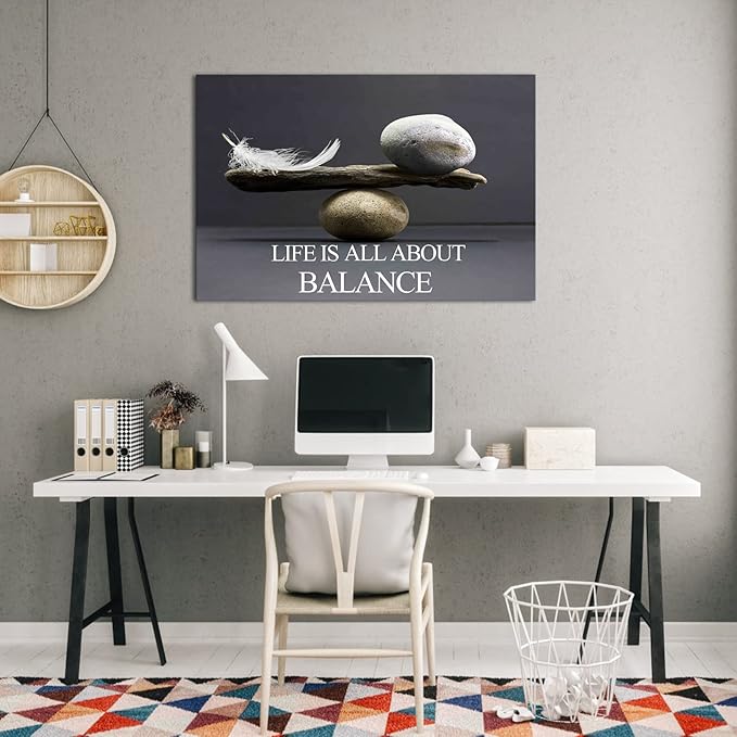 Biuteawal Motivational Wall Art Zen Canvas Print Black White Balance Stones with Feather Picture Painting Inspirational Quote Artwork Framed Home Office Classroom Bedroom Decor Ready to Hang