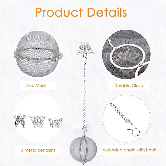 Tea Infusers for Loose Tea 3 Sets Tea Infuser Loose Leaf Tea Steeper Tea Stainless Steel Ball Mesh Tea Strainer Filters with Crtstal Pendant (Metal Butterfly)