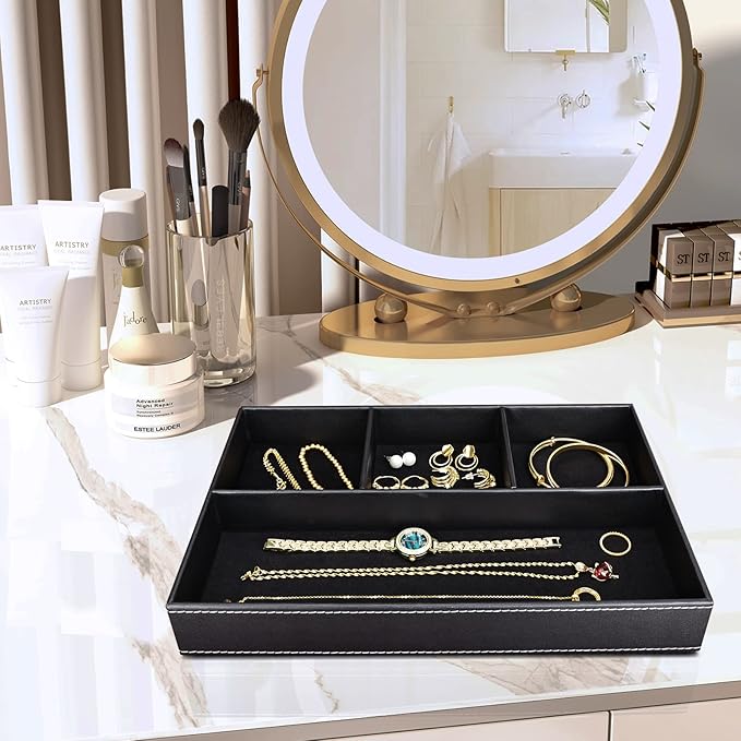 GORESE Faux Leather Valet Tray for Men, Stackable Jewelry Trays Drawer Organizer Tray Nightstand Organizer for Men, EDC Tray for Key, Wallet, Sunglass, Watch, Coin, Phone, Cologne - Black