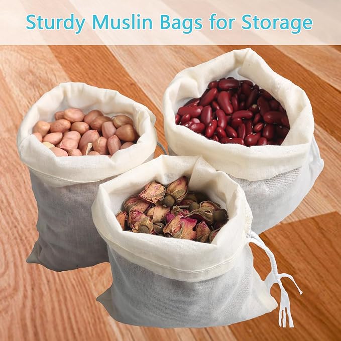 Eketirry Spice Bags, 20pcs Reusable Empty Tea Bags, Muslin Strainer Bags, Soup Bags for Cooking, Natural Cotton Fine Mesh Cheesecloth Bags for Cold Brew Coffee(3 x4" &8 x10")