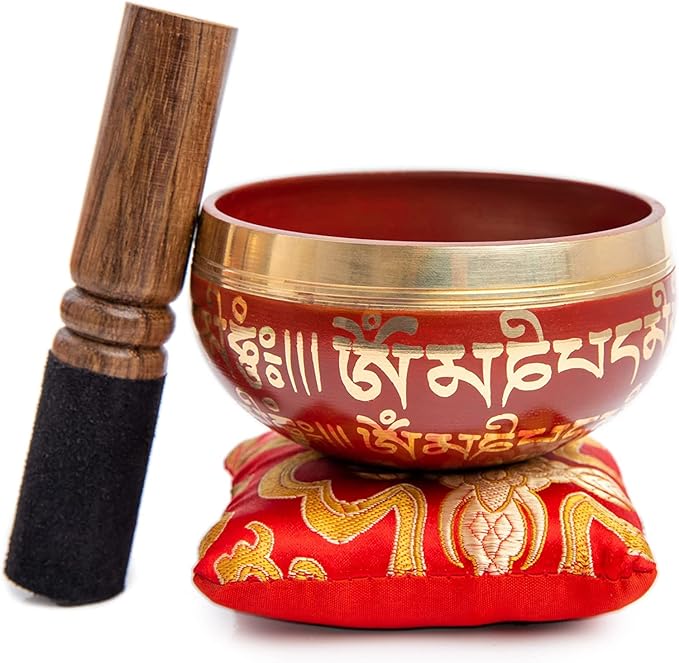Tibetan Singing Bowl Set - Easy To Play for Beginners - Authentic Handcrafted Mindfulness Meditation Holistic Sound 7 Chakra Healing Gift by Himalayan Bazaar (Crimson)