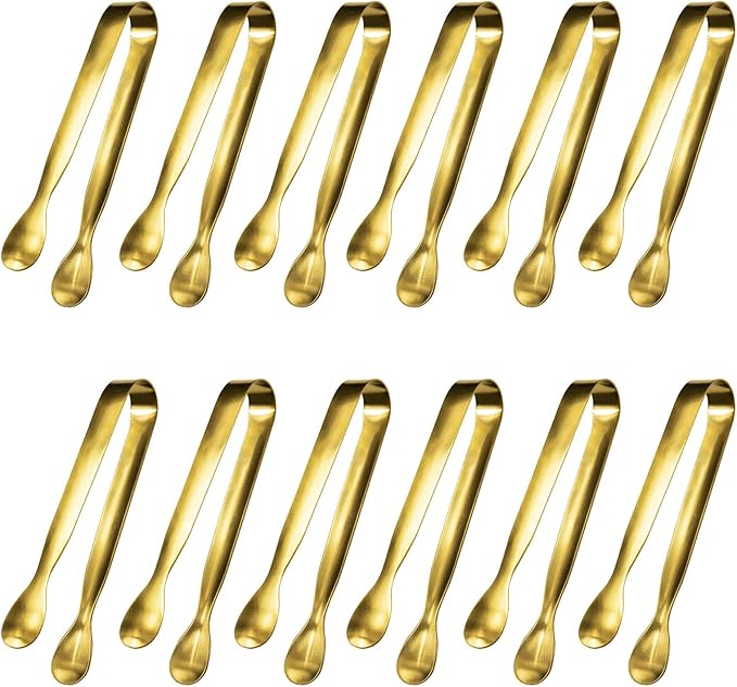 JCREN 12 Pcs Serving Tongs, Small Serving Utensils for Parties Catering Gold Tongs, Food-Grade 304 Stainless Steel Mini Appetizer Tongs for Tea Party Coffee Bar, 4 Inches - Gold