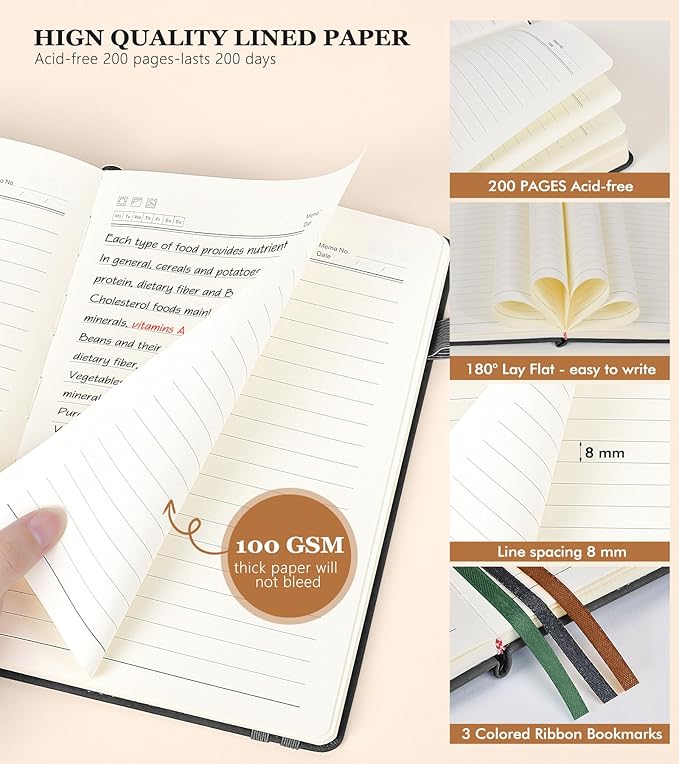 Lined Journal Notebook for Men & Women,200 Pages A5 Hardcover Leather Notebook (5.9"x8.5"), Travel Journal for Work, School, Business Writing, Note Taking, Notepad Diary (Black)