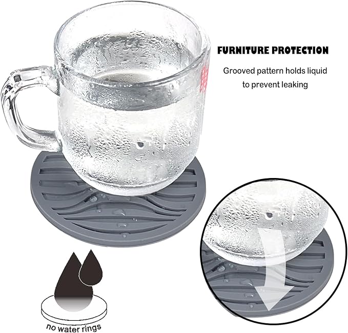 Silicone Coaster Set of 6 Pieces with Silicone Cup Holder,Drinking Coasters, Cup Mat for Drinks,Live for Hot or Cold Drink Thickened, Non-Slip, Non-Stick, Deep Tray Black (Grey)