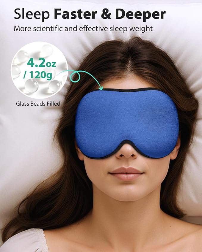 MABAO Weighted Sleep Mask - 100% Blackout Eye Mask for Sleeping for Women Men, 3D Contoured for Lash Extension, Zero Eye Pressure Memory Foam Cover, Soft Gentle Pressure Blindfold for Travel - Blue