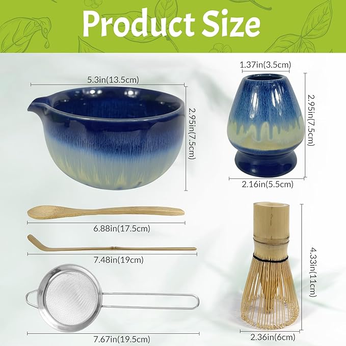 Matcha Whisk Set 6 pc Kit - Traditional Japanese Chasen, Bamboo Whisk Holder, Ceramic Bowl with Spout, Sifter & 2 pc Spoons - matcha kit set, Gift for Matcha Tea Lovers (Gradient Blue)