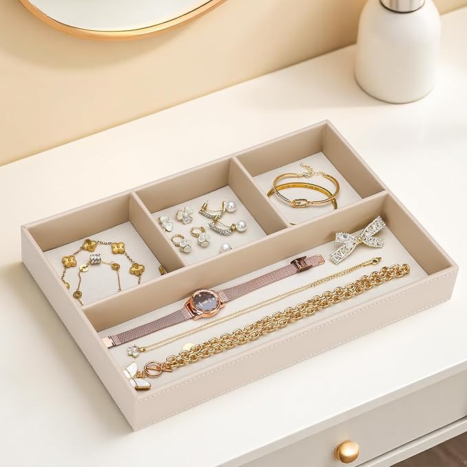 GORESE PU Leather Valet Tray, Stackable Jewelry Trays for Dresser, Drawer Nightstand Organizer Bedside Trays for Men Women, Entryway Desk Catchall Tray for Trinket, Key, Purse, Watch, Cologne, Beige