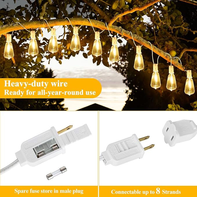 Brightever LED Outdoor String Lights,100FT Patio Lights with 52 Shatterproof ST38 Vintage Edison Bulbs 2700K Dimmable, Outside Hanging Light Waterproof for Porch Deck, Garden, Backyard, Balcony White