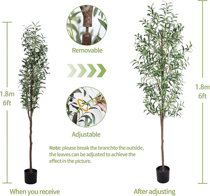 Artificial Olive Tree, 6FT Tall Faux Olive Trees 72in Outdoor Fake Potted Silk Plant with Trunk and Realistic 648 Leaves and 24 Fruits for Modern Office Home Decor Indoor（1pack）
