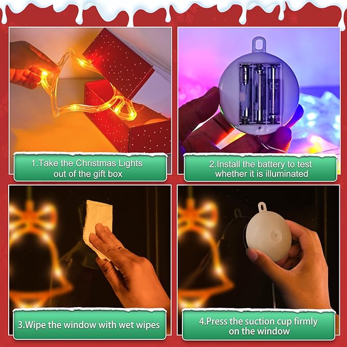 4Pack Christmas Window Lights Decorations with Timer,Battery Powered Christmas Hanging Multicolor Lighted Snowflake Tree Bells Lucky Star Shaped LED Sucker for Xmas Tree Fireplace Indoor Decor