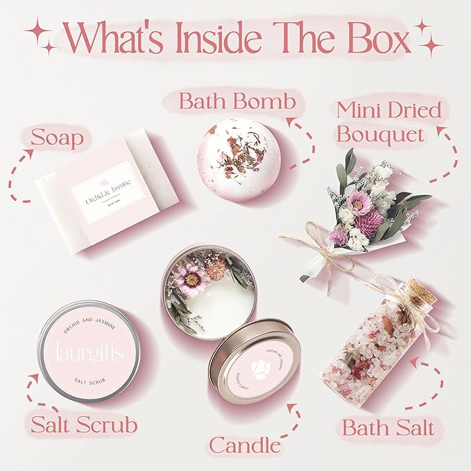 Orchid & Jasmine Spa Box for Women – Birthday, Christmas & Pink Gifts, Self Care & Relaxation Set with Candle, Soap & Bath Salts – Elegant Ready-to-Give Package for Mom, Sister, or Friend
