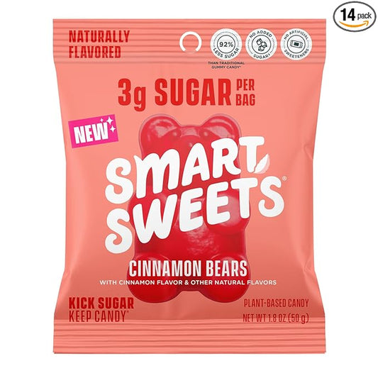 SmartSweets Cinnamon Bears Gummy Candy: 1.8oz (Pack of 14), Gummy Candy with Low Sugar, Low Calorie, No Artificial Sweeteners, Plant-Based, Gluten-Free, Healthy Snack for Kids & Adults