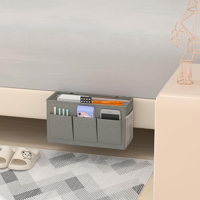 Dual-purpose Bedside Caddy Bedside Organizer, Bed Caddy with 6 Pockets, Versatile Bedside Storage Solution Magazine Remotes holder, ideal for Home, Dorm, Hospital, Crib Bed (Grey)