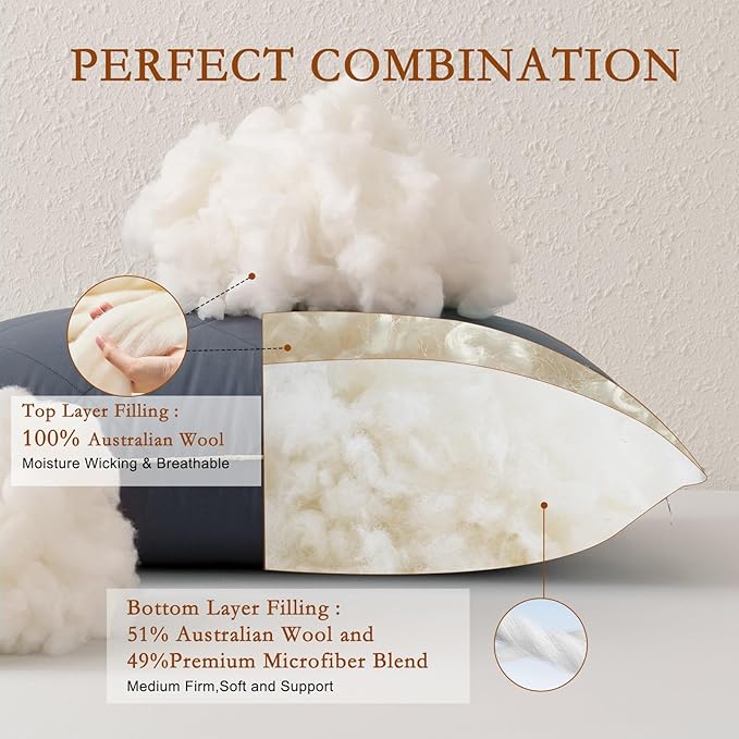 YOUR MOON Organic Wool Pillow Standard Size Set of 2, Soft Support Bed Pillows for Sleeping, Luxury Down Alternative Pillow for Side & Back Sleepers, 100% Cotton Cover, Natural Wool Filling (Gray)