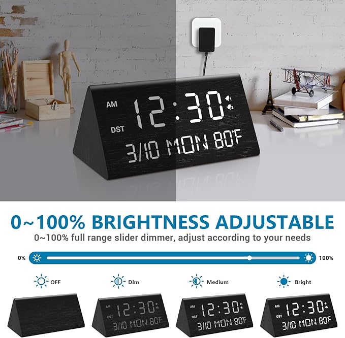 Kogonee Wooden Digital Alarm Clock, 0-100% Dimmer, 2 Alarm Settings, Weekday/Everyday Mode, 9 Mins Snooze, 12/24H, Temperature and Date Display for Office, Travel, Bedroom Alarm Clock (Black)