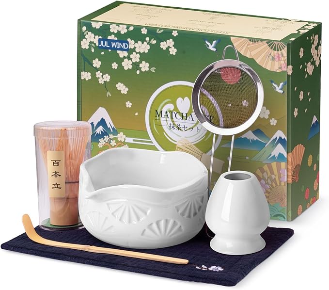 Matcha Whisk Set, Ceramic Matcha Set Includes Bowl with Spout, Whisk and Holder, Bamboo Scoop, Sifter and Tea Towel - 6 Pcs Matcha Kit Gift for Matcha Lovers (White)