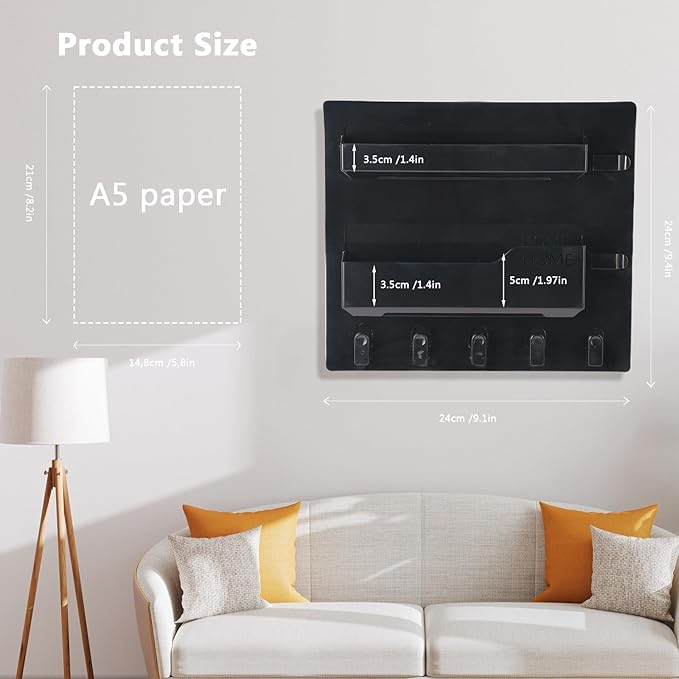 Bedside Shelf Wall Mount, Adhesive Bedside Shelf Accessories Organizer with Hooks and Cable Clips,Dorm Bedside Wall Storage for Phone, Remote, Earphone, Kindle,Plastic (5 Hooks Style-Black)