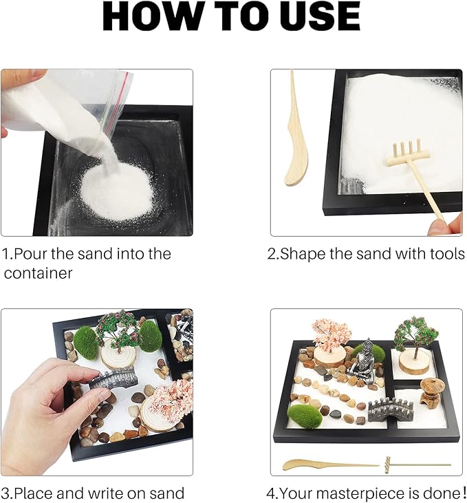 Sakura Budah Desktop Mini Zen Garden - 9" x 7" with White Sand, Artificial Bonsai Tree, Rocks, Rakes & Accessories - Meditation Gift for Office Decor