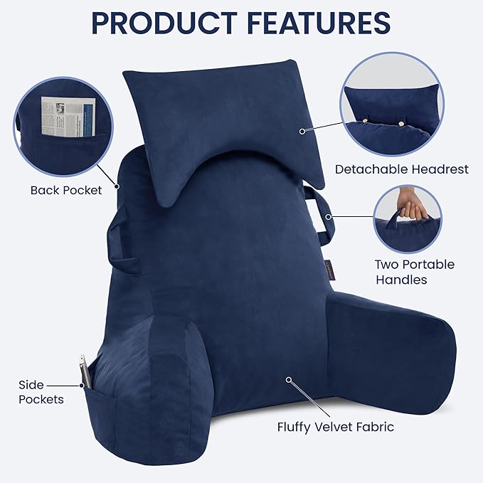 Portable Reading Pillows with Headrest for Bed Sitting Up(Royal Blue Oeko-Tex), Velvet Back Pillow with Arms & Pockets for Adults, Support Memory Foam Bed Pillow for Dorm/Watching/Gaming