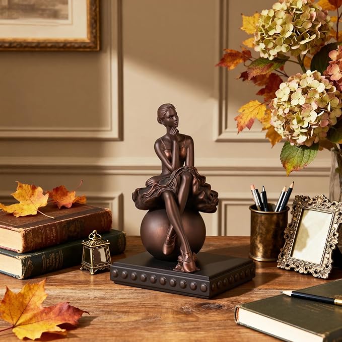 Seated Ballerina Figurines, Ballerina Dancer Statues Resin Sculpture Vintage Home Decor, Ballet Dance Girl Ornament for Shelves Home Office Decor (Bronze)