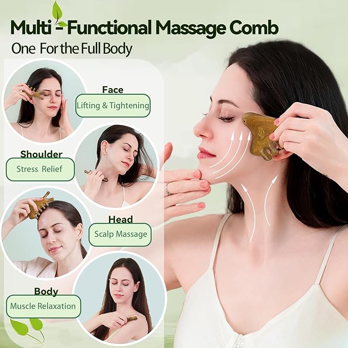 Gua Sha Tool for Face & Body, Christmas Gifts for Womon, 4 in 1 Sandalwood Guasha, Lymphatic Drainage,Jaw Lifting & Nose Sculpting, Head Massage Comb for Stress Relief,Home Office Self Care