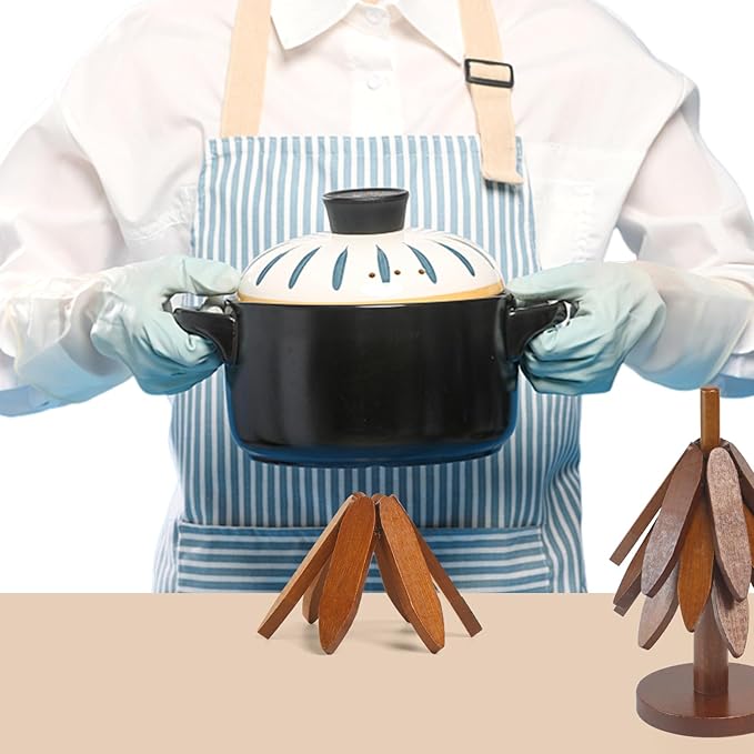 Tree Shape Bamboo TrivetKitchen Decor Tree shaped Holder Beech wood Foldable Design Hot Dishes, Pot, Teapot, Plates, Bowls (Walnut-4)