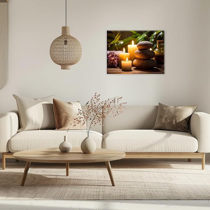 GLOKAKA Zen Canvas Wall Art Stacked Spa Stones White Candle Painting Relaxation Artwork Meditation Decor for Spa Yoga Room Bathroom Ready To Hang(Artwork-3,24"x36")