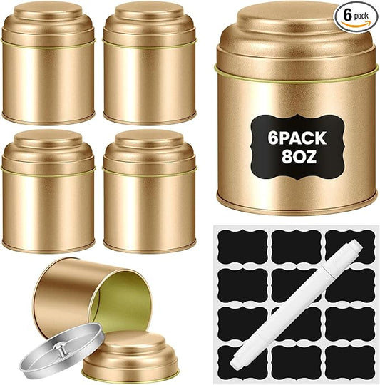 TRISCO Tea Tin with Airtight Double Lids for Loose Leaf Tea Storage, 8 Fl Oz Kitchen Small Tin Can Tea Canisters for Loose Tea Coffee Sugar Candy Spices, Holiday Gift(Golden 6 Pcs)
