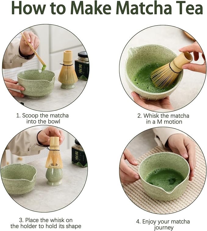 Matcha Set, Japanese Tea Set Includes Matcha Bowl with Spout, Matcha Whisk Holder, Bamboo Matcha Whisk and Bamboo Scoop, 17 oz Mottled Green Glaze Ceramic Matcha Kit for Tea Lovers