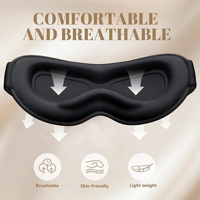 Sleep Mask for Men Women - 100% Blackout Eye Masks for Sleep, Zero Pressure 3D Sleeping Mask, Adjustable Light Blocking Eye Cover Blindfold for Travel, Nap, Night Work, Office - Black