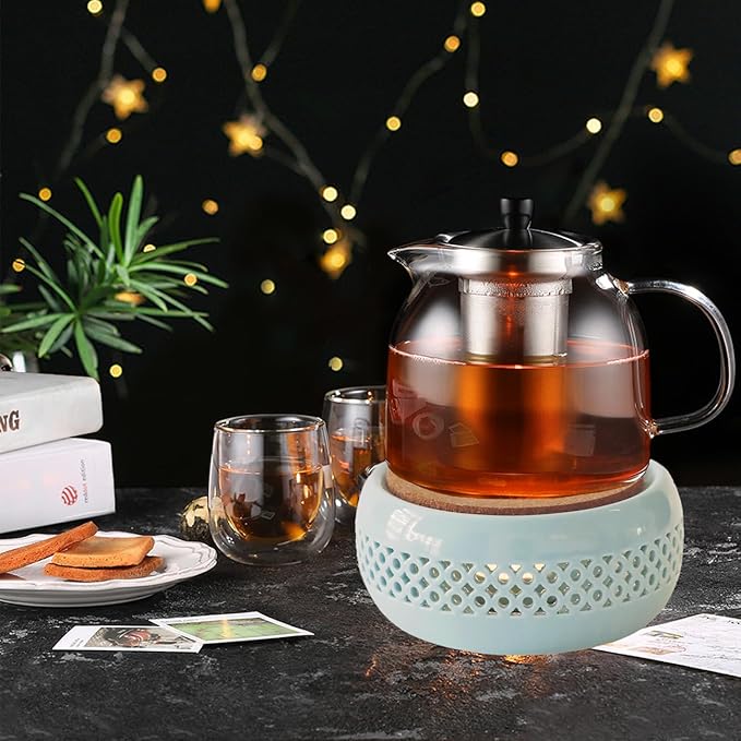 Teapot Warmer, Ceramic Teapot Heater with Cork Cushion Coffee Tea Warmer for Glass, Stainless Steel, Ceramic Teapot and Other Heatproof Dish Warming Use, Blue