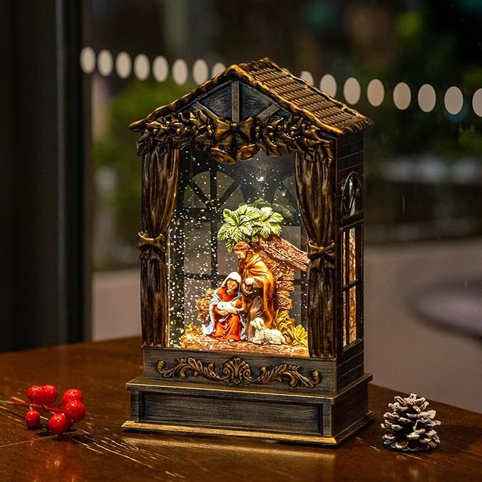Christmas Snow Globe Lighted Manger Nativity Scene, Musical Holy Family Water Creche Play Silent Night Music in Swirling Glitter, Holiday Decorations Gifts for Family, Children or Friends