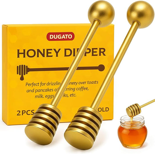 DUGATO Gold Honey Dipper Set (2 Pack, 6.3") - 304 Stainless Steel Honeycomb Sticks for Honey Pot Jar, Syrup Drizzler, Tea & Coffee Stirrer - Elegant Kitchen Utensil