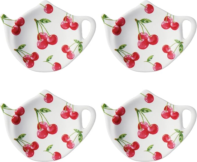 Supreme Housewares Cherry Tea Bag Holders, Teapot Shaped Tea Bag Coasters Spoon Rests Saucer Seasoning Dish Set, Red, 4 x 3 Inch, Set of 4
